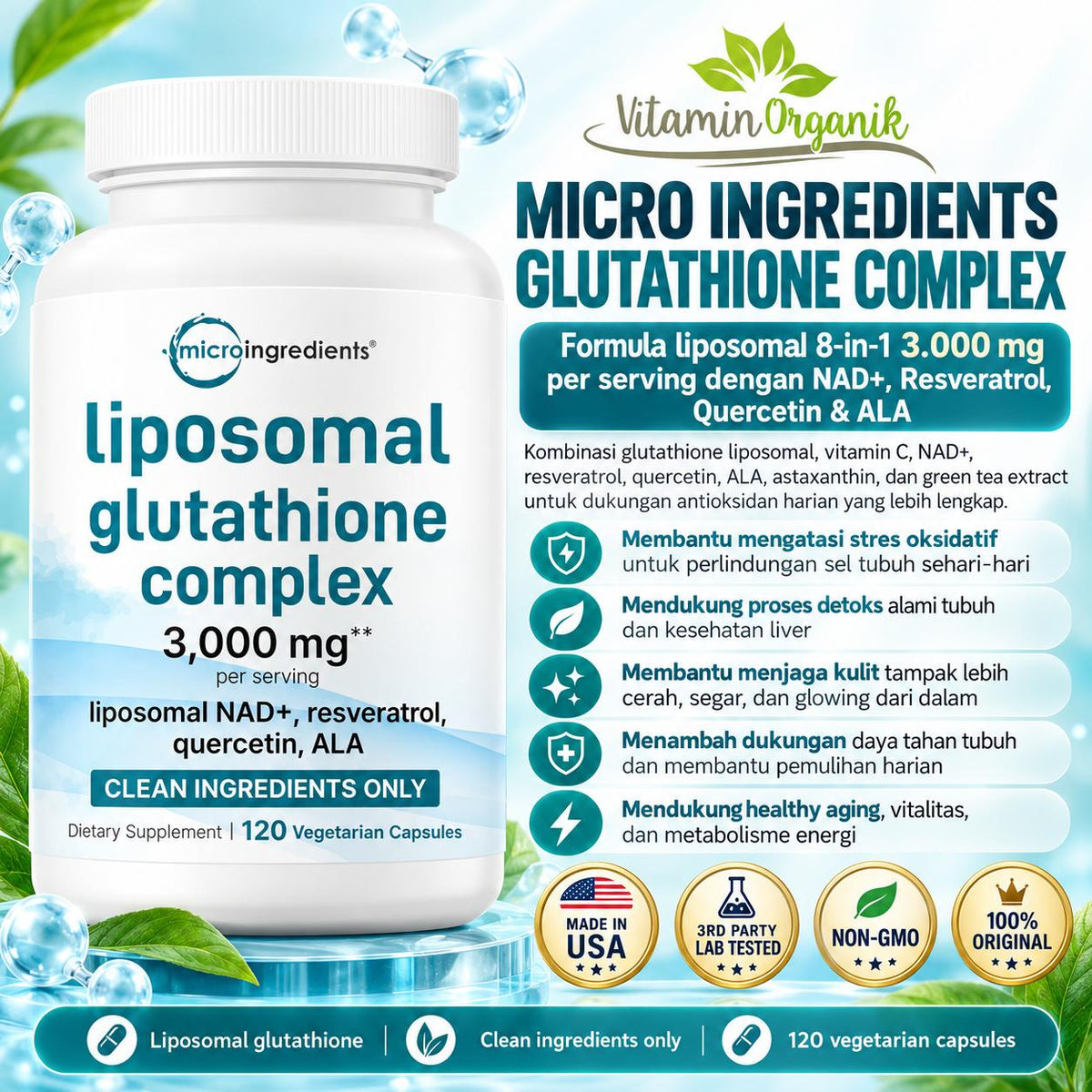 Liposomal Reduced Glutathione Complex 3,000mg - 8‑in‑1 Advanced Glutathione Supplement with NAD, Resveratrol, Quercetin, Alpha Lipoic Acid & Vitamin C - 120 Vegetarian Kapsul ORIGINAL USA