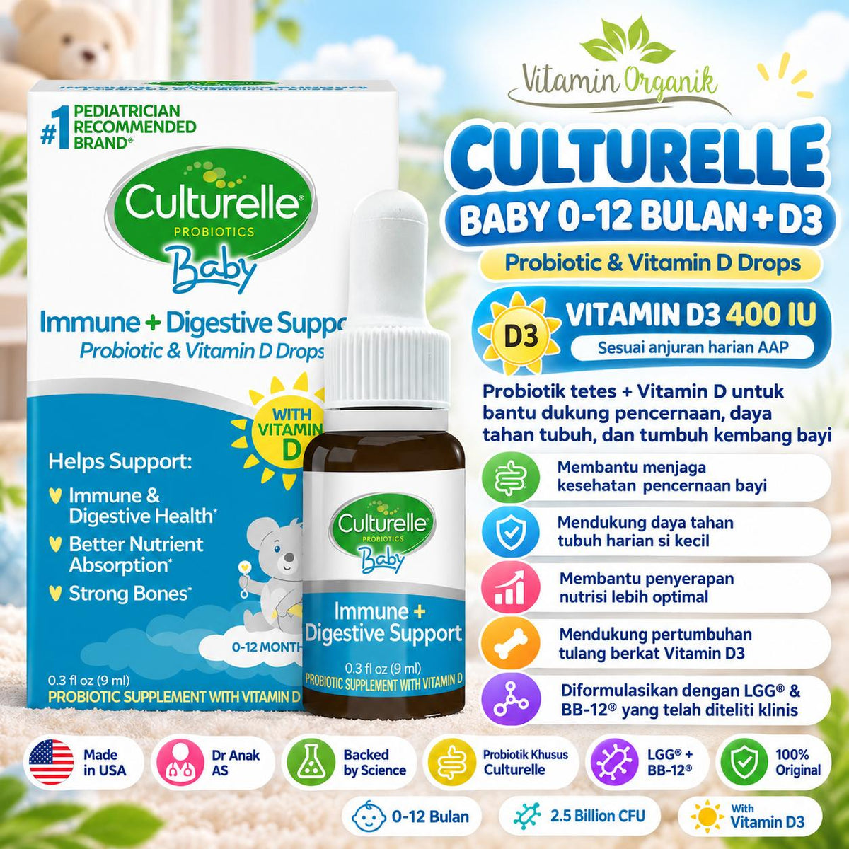 Culturelle Baby Grow & Thrive Probiotics + Vitamin D Drops 400 IU Penambah Imun Anak / Bayi ORIGINAL USA USA