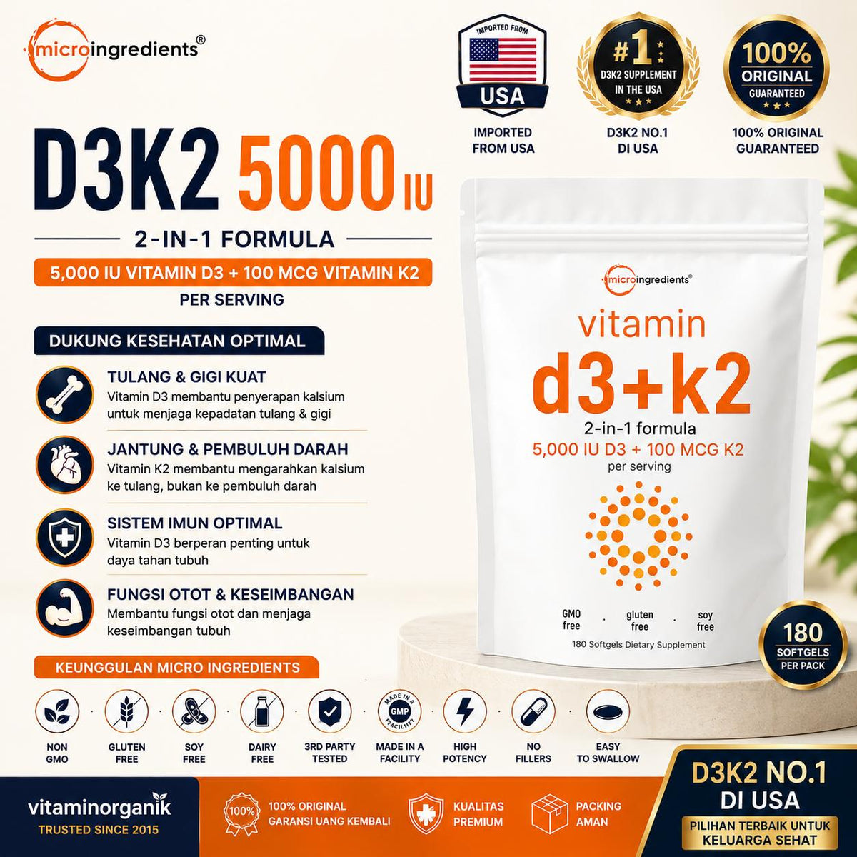 D3K2 5000IU Vitamin D3 5000 IU + K2 100 mcg Micro-[Ingredients] 300 Softgels 100% ORIGINAL USA Box SEGEL