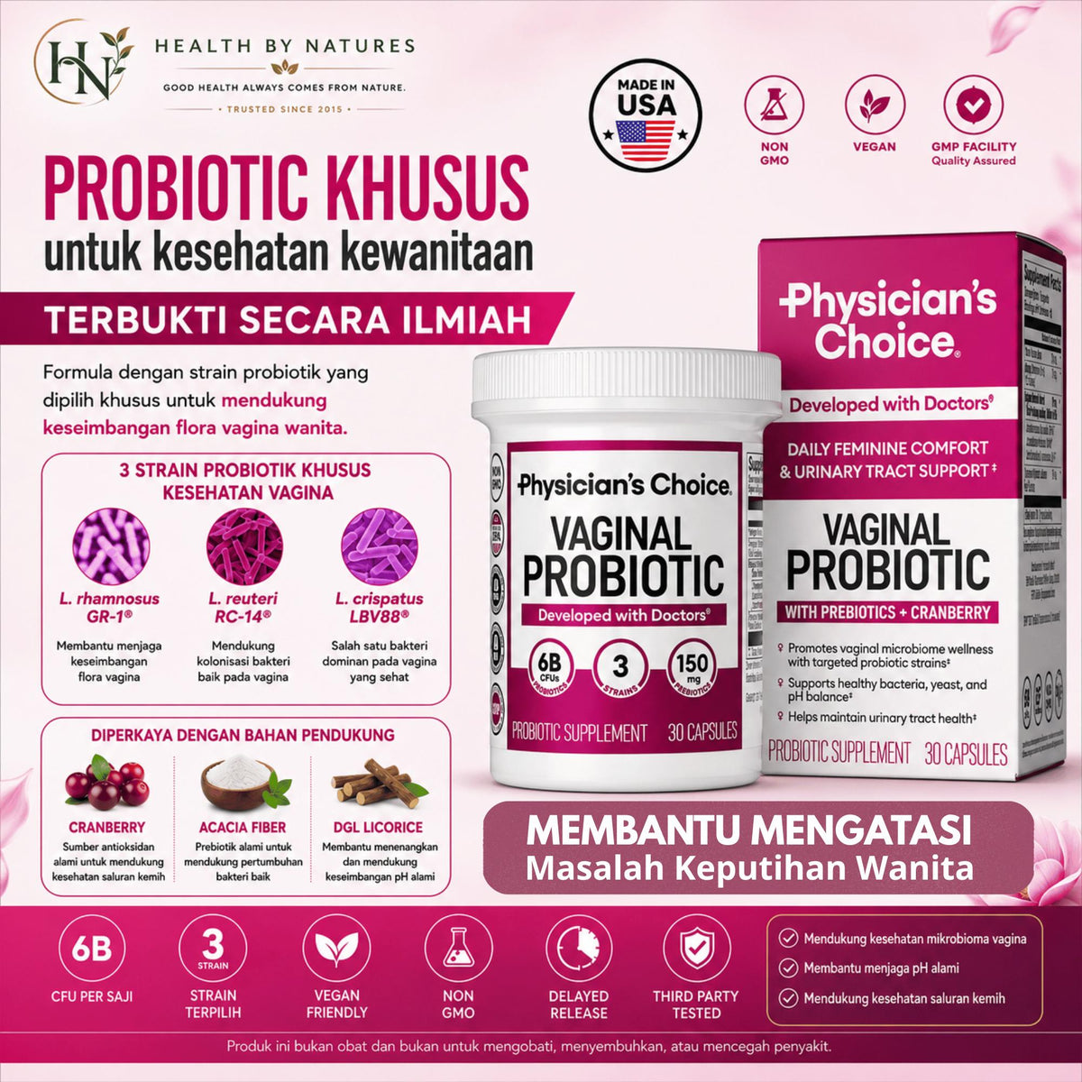 Physician's Choice Vagina Probiotic /  Probiotik Kewanitaan untuk Infeksi Keputihan Original USA + Strain GR-1 RC-14 L. crispatus + Cranberry 30 Kapsul
