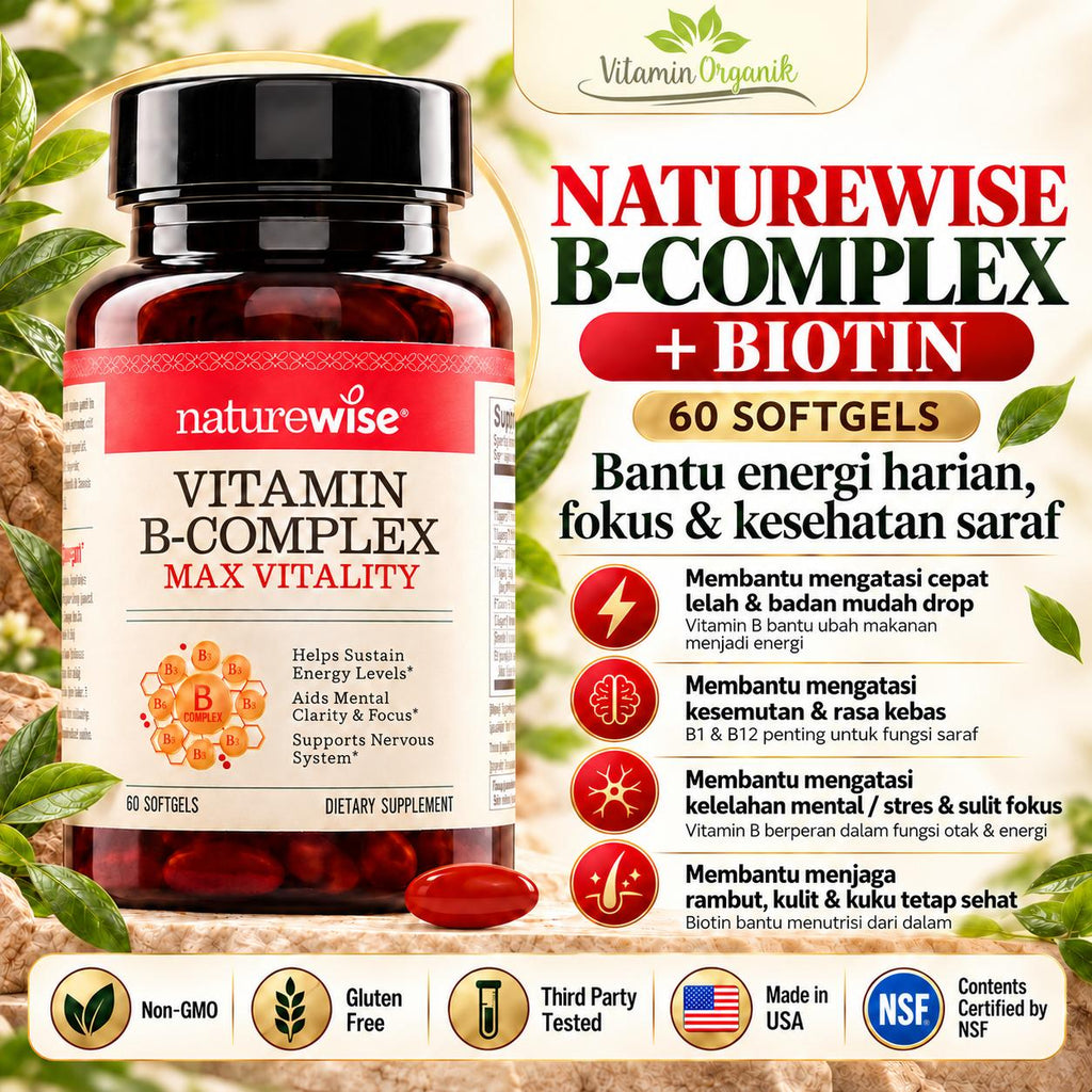 NatureWise Vitamin B Complex B1 B2 B3 B6 B12 for Women and Men + with Folic Acid + Biotin 60 Sofgels Original USA
