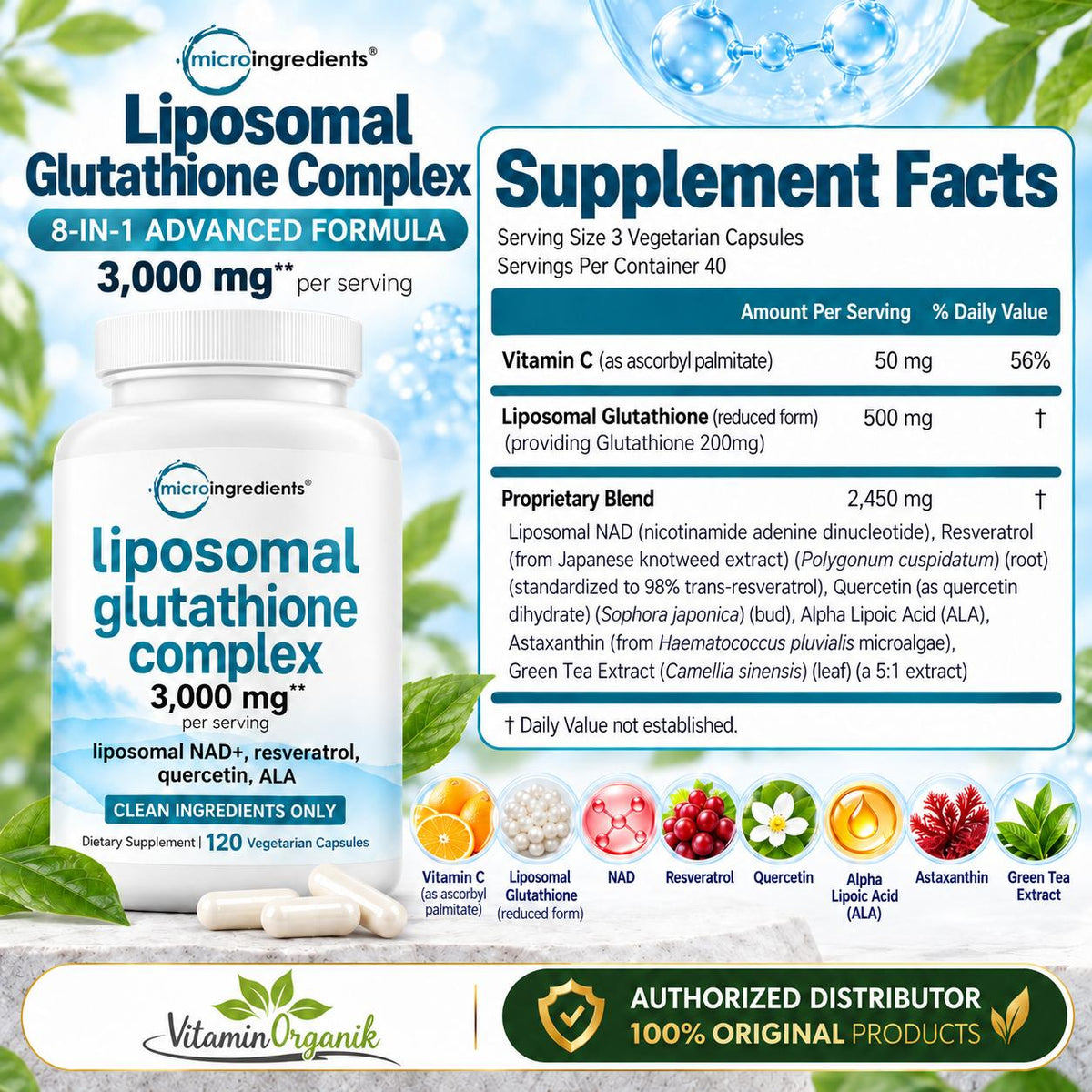 Liposomal Reduced Glutathione Complex 3,000mg - 8‑in‑1 Advanced Glutathione Supplement with NAD, Resveratrol, Quercetin, Alpha Lipoic Acid & Vitamin C - 120 Vegetarian Kapsul ORIGINAL USA