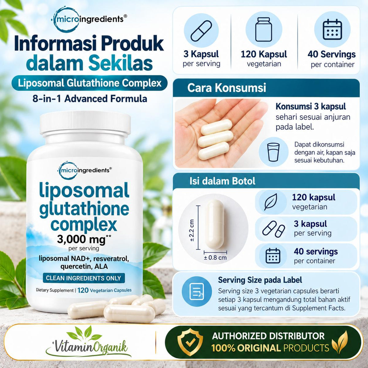 Liposomal Reduced Glutathione Complex 3,000mg - 8‑in‑1 Advanced Glutathione Supplement with NAD, Resveratrol, Quercetin, Alpha Lipoic Acid & Vitamin C - 120 Vegetarian Kapsul ORIGINAL USA