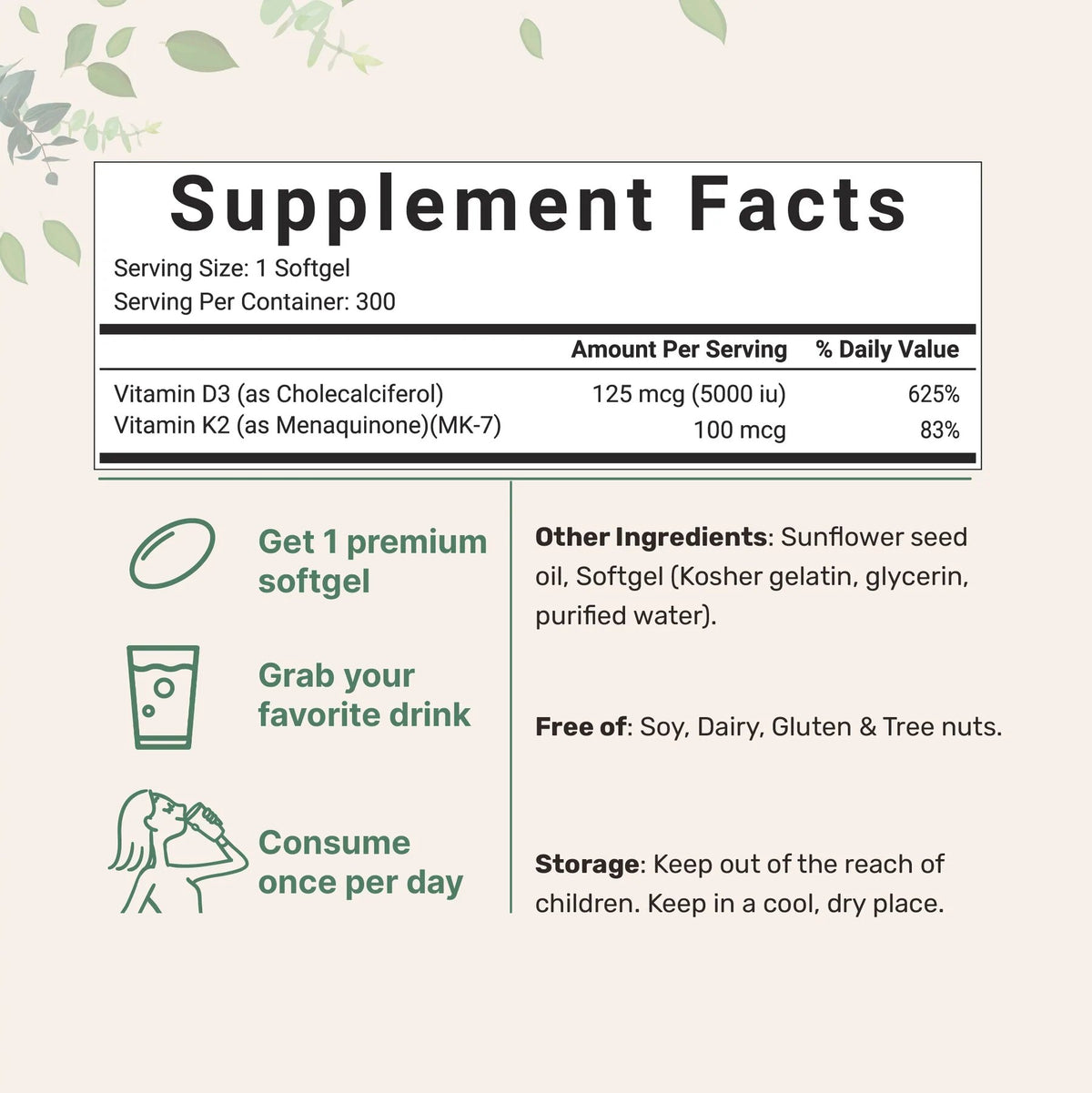 D3K2 5000IU Vitamin D3 5000 IU + K2 100 mcg Micro-[Ingredients] 300 Softgels 100% ORIGINAL USA Box SEGEL
