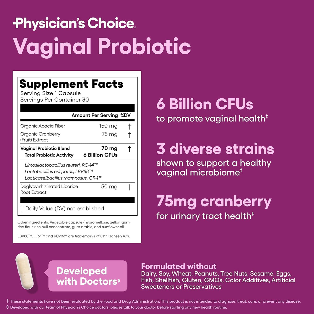 Physician's Choice Vagina Probiotic /  Probiotik Kewanitaan untuk Infeksi Keputihan Original USA + Strain GR-1 RC-14 L. crispatus + Cranberry 30 Kapsul