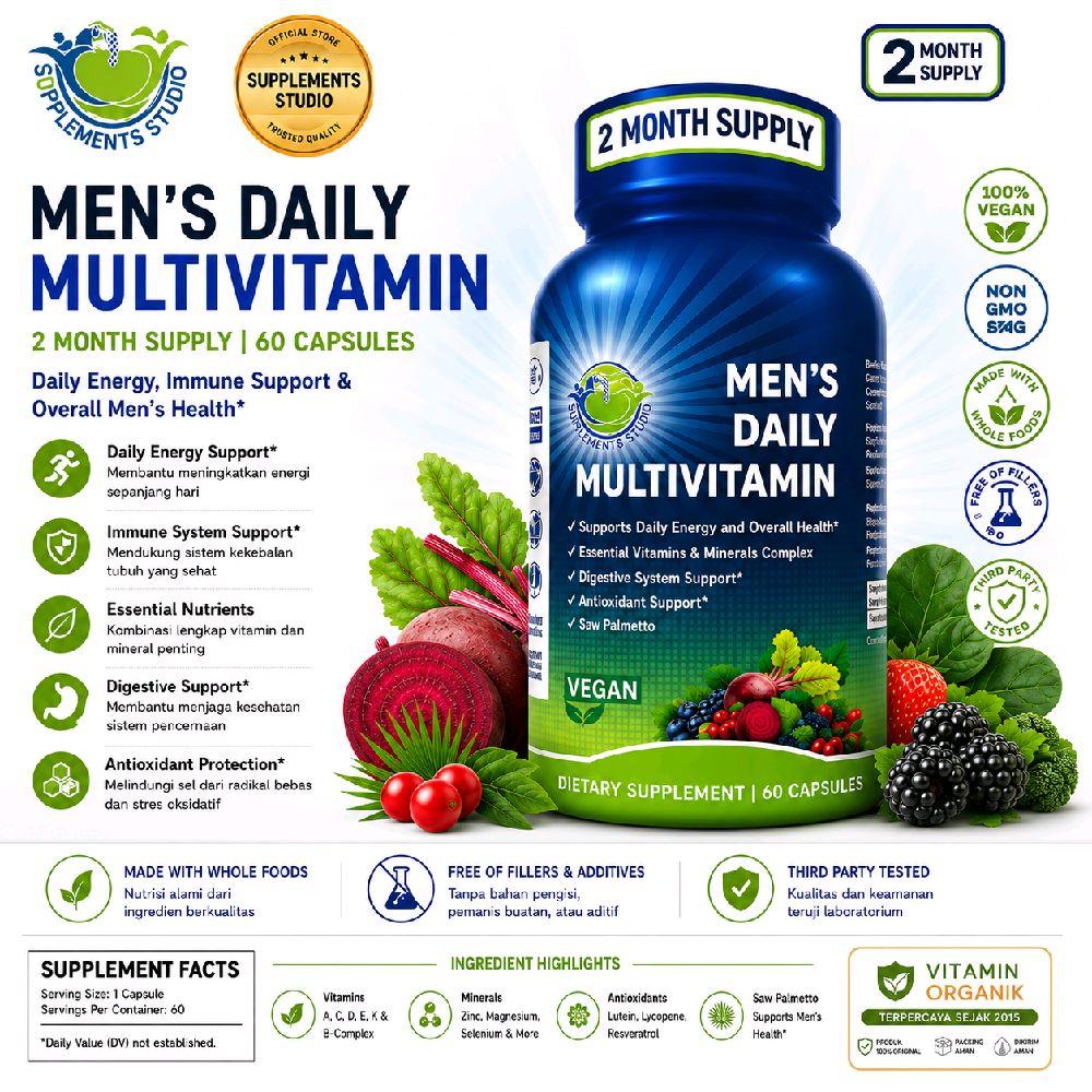 Multivitamin For Men / Multivitamin Pria Original USA Supplement Studio 60 Kapsul VEGAN + Whole Food + Mineral+ Antioksidan Fokus Energy, Vitalitas Pria