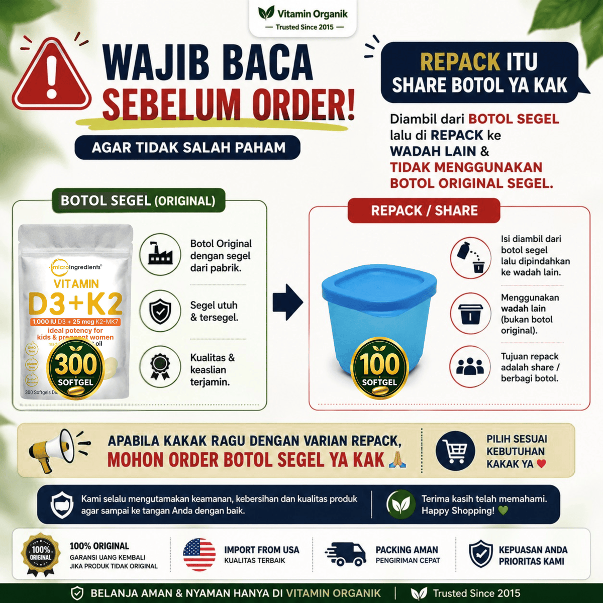 D3K2 1000IU + VIRGIN COCONUT OIL - Vitamin D3 1000 IU + K2 25 mcg Micro Ingredients  300 Softgels 100% ORIGINAL USA Box SEGEL