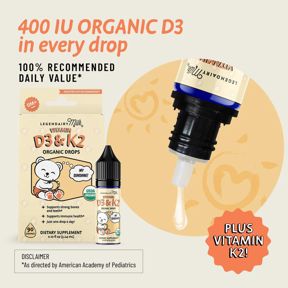 D3K2 Bayi & Anak HALAL Vitamin D3 400IU + K2 5 mcg 3.24 ml / 0.10 fl oz Legendairy MILK ORIGINAL USA