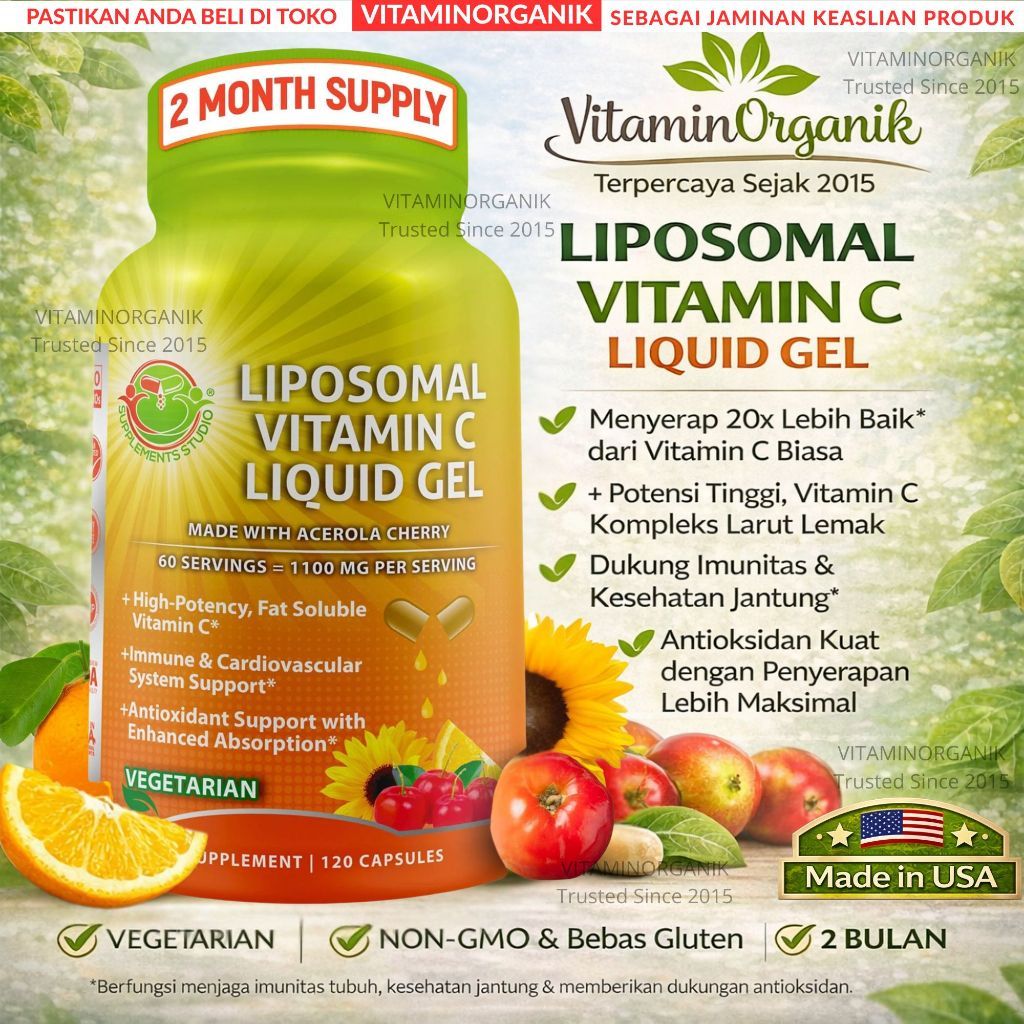 LIPOSOMAL Vitamin C LIQUID 1100 mg + ORGANIC Acerola Cherries 120 Kapsul Original Supplemenst Studio USA