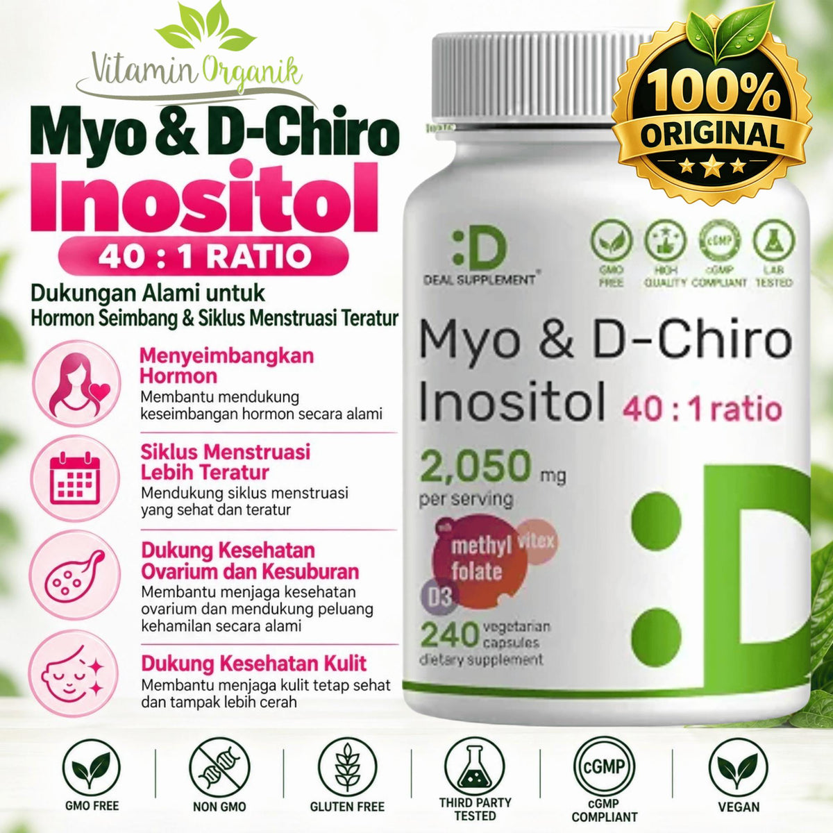 Myo-Inositol & D-Chiro Inositol DEAL Supplement for Women 240 Capsules + Folate + Vitamin D3 & Vitex ORIGINAL USA Suplemen Kesehatan