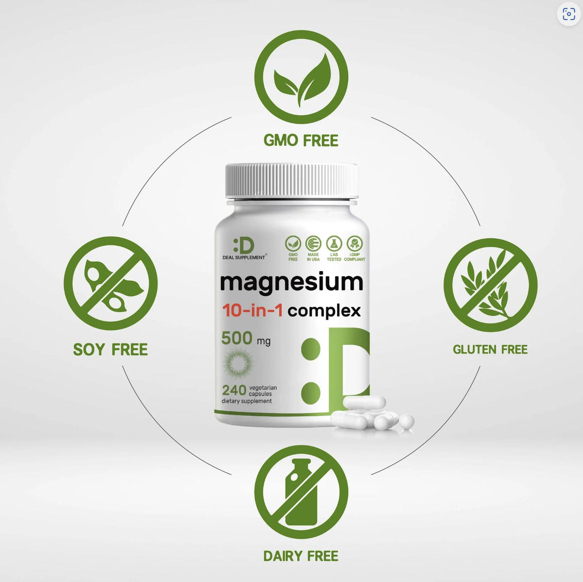 Magnesium Complex 10 in 1 DEAL Supplement 500mg, 240 Veggie Capsules Original USA