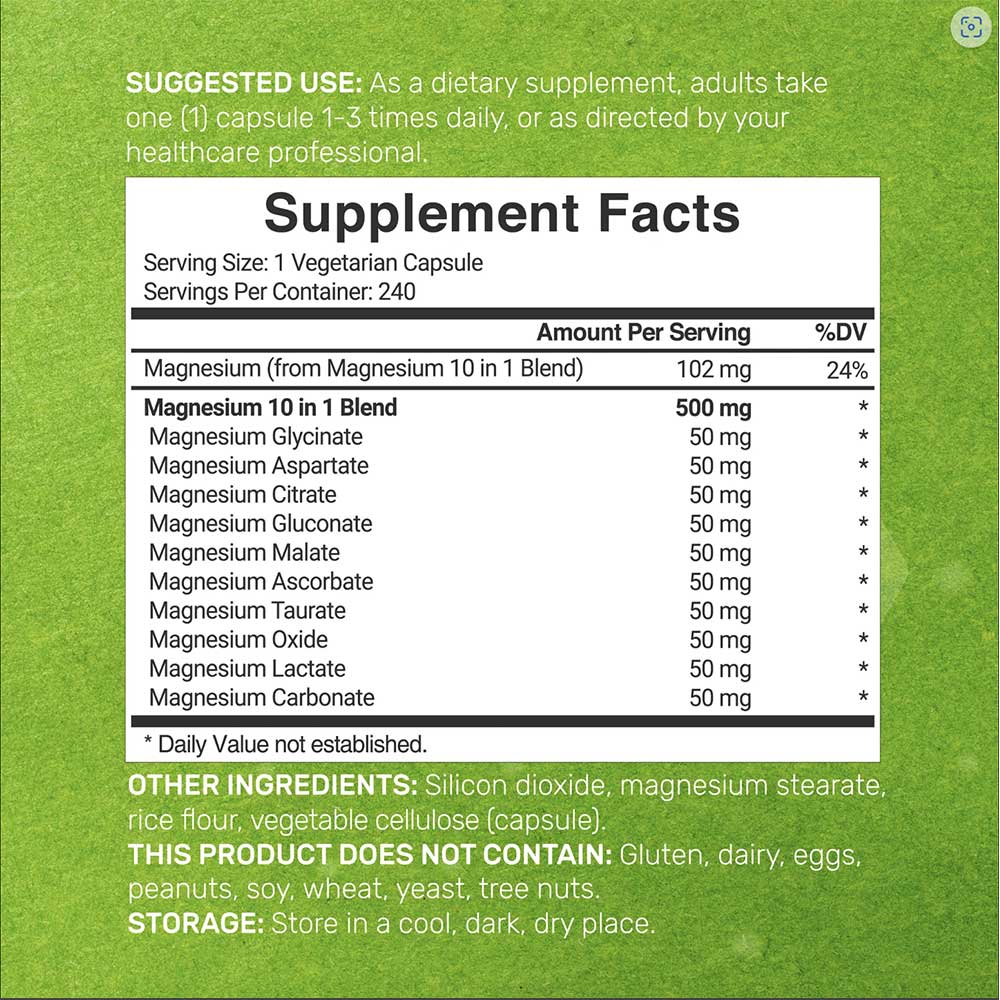 Magnesium Complex 10 in 1 DEAL Supplement 500mg, 240 Veggie Capsules Original USA