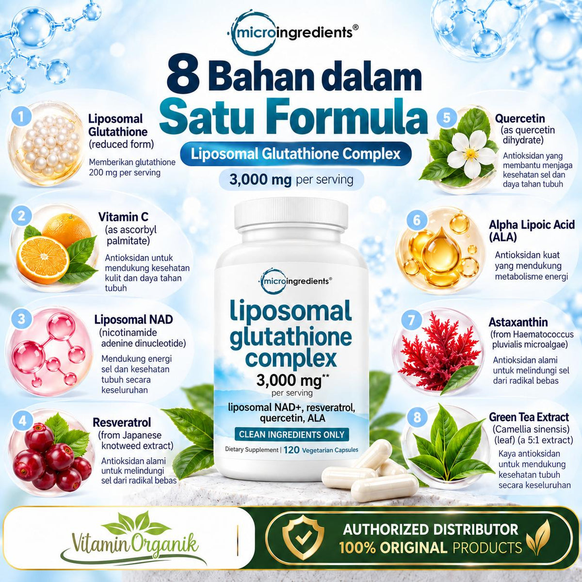 Liposomal Reduced Glutathione Complex 3,000mg - 8‑in‑1 Advanced Glutathione Supplement with NAD, Resveratrol, Quercetin, Alpha Lipoic Acid & Vitamin C - 120 Vegetarian Kapsul ORIGINAL USA