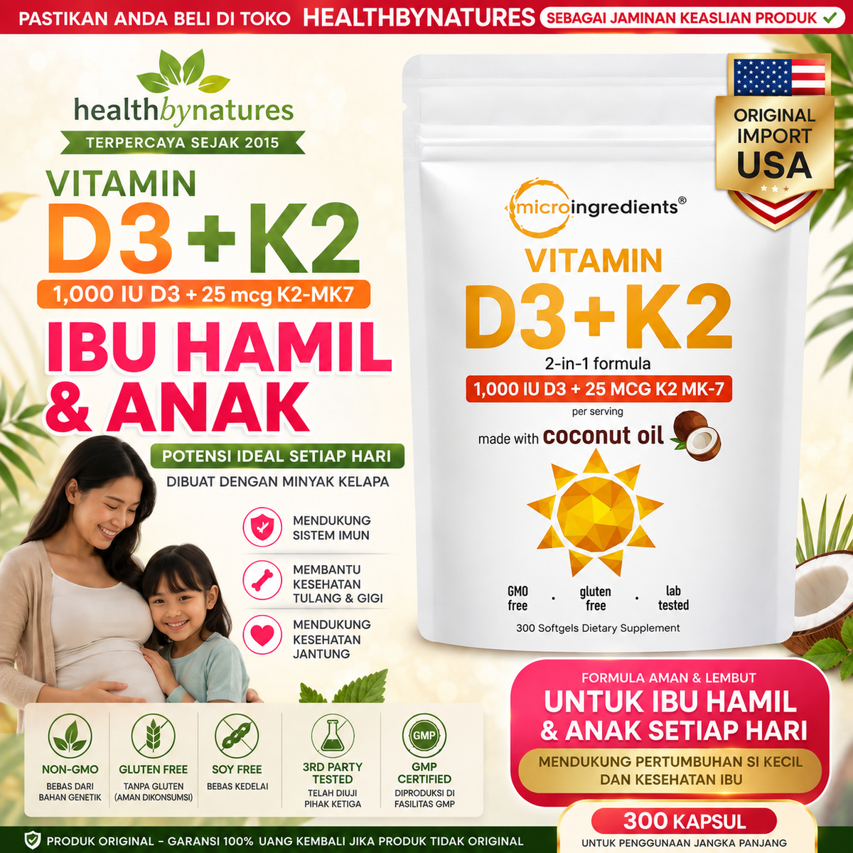 D3K2 1000IU + VIRGIN COCONUT OIL - Vitamin D3 1000 IU + K2 25 mcg Micro Ingredients  300 Softgels 100% ORIGINAL USA Box SEGEL