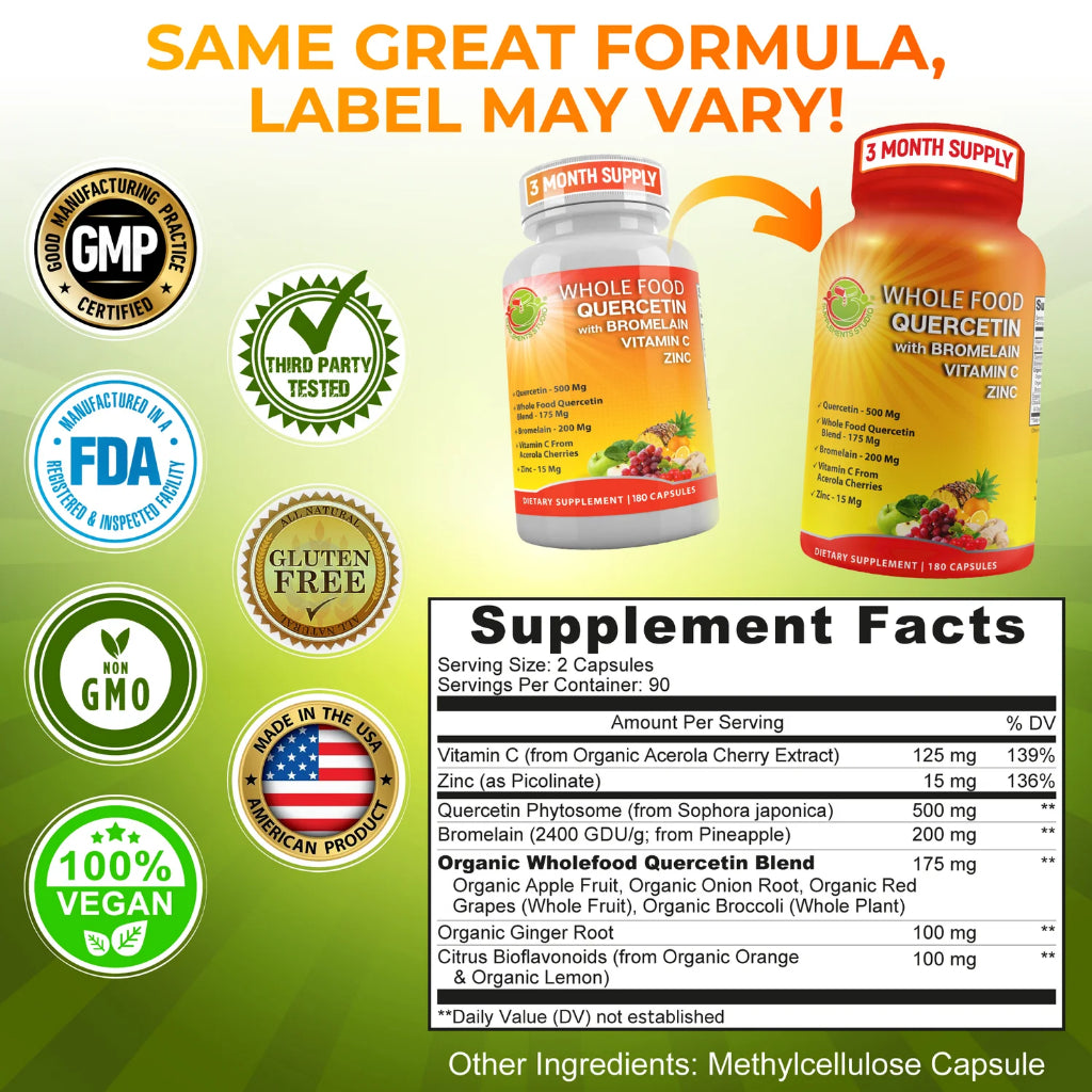 Quercetin & Bromelain + ZINC + VITAMIN C + Whole Foods ORGANIC 180 Capsules Supplements Studio USA