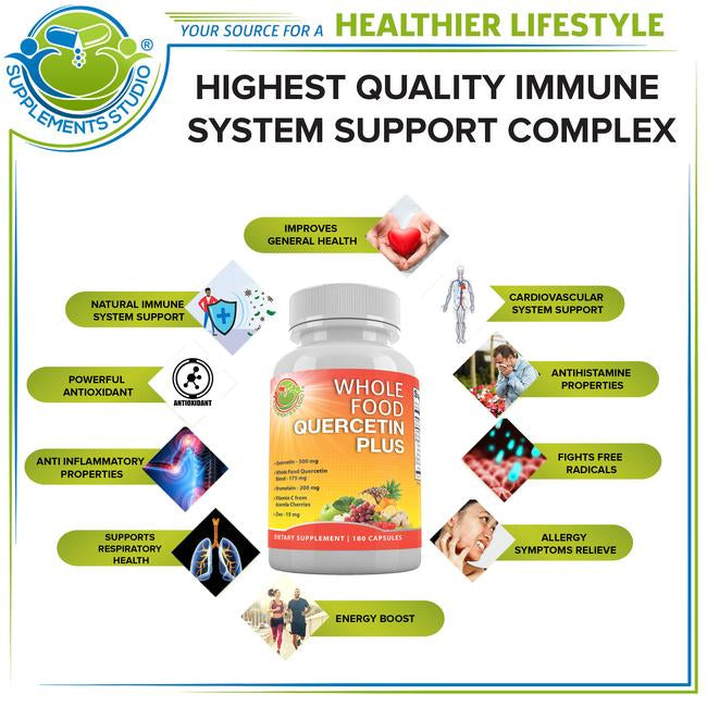 Quercetin & Bromelain + ZINC + VITAMIN C + Whole Foods ORGANIC 180 Capsules Supplements Studio USA