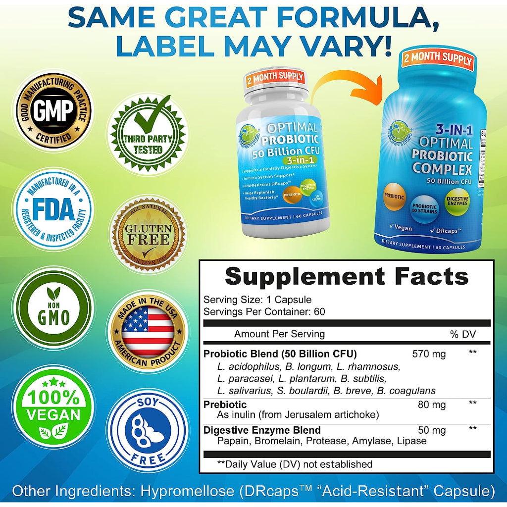 Probiotic /  Probiotik Optimal 10 strain 50 billion + Prebiotic + Enzim Supplement Studio ORI USA