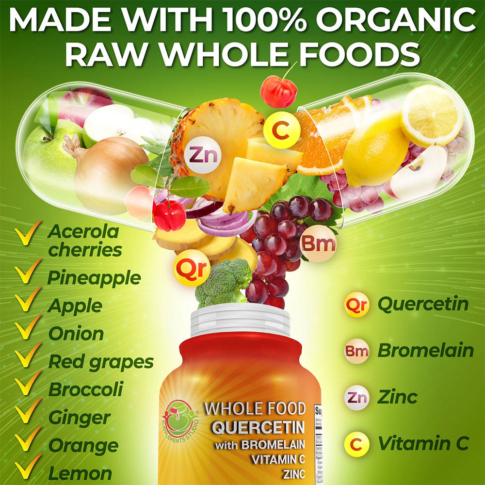 Quercetin & Bromelain + ZINC + VITAMIN C + Whole Foods ORGANIC 180 Capsules Supplements Studio USA