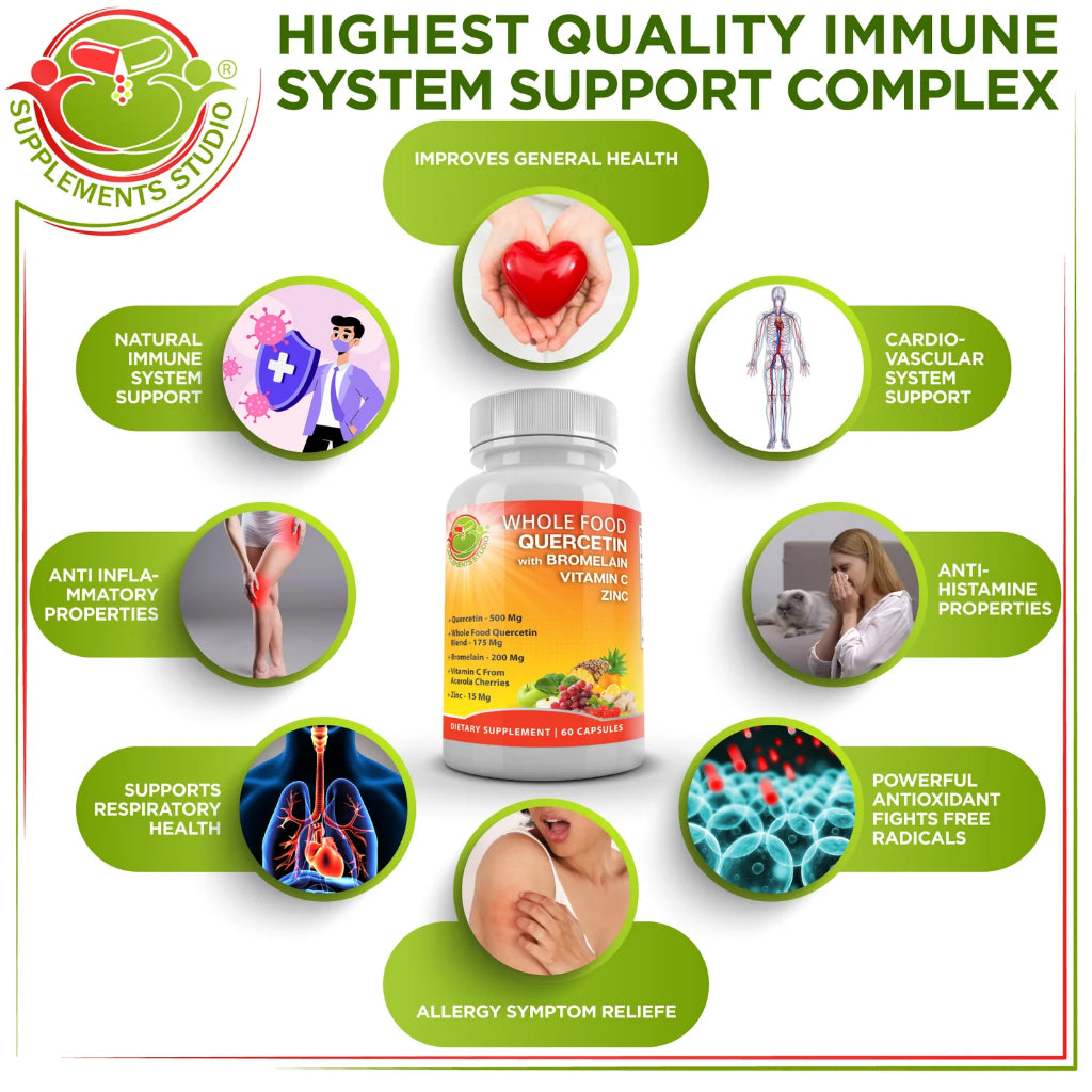 Quercetin & Bromelain + ZINC + VITAMIN C + Whole Foods ORGANIC 180 Capsules Supplements Studio USA