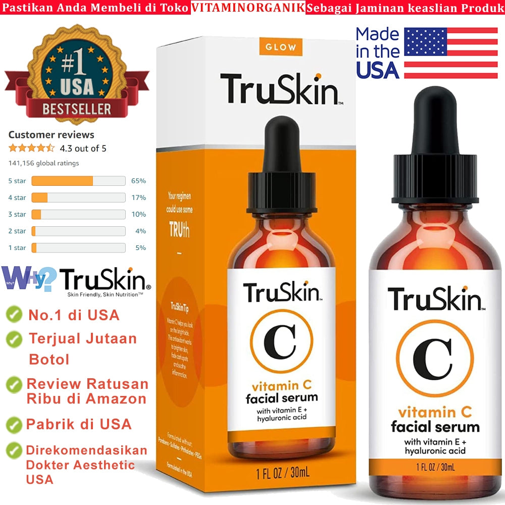 TruSkin Vitamin C Serum + Hyaluronic Acid + Vitamin E Pemutih & Anti Kerutan Wajah / Dark Spots ORIGINAL USA