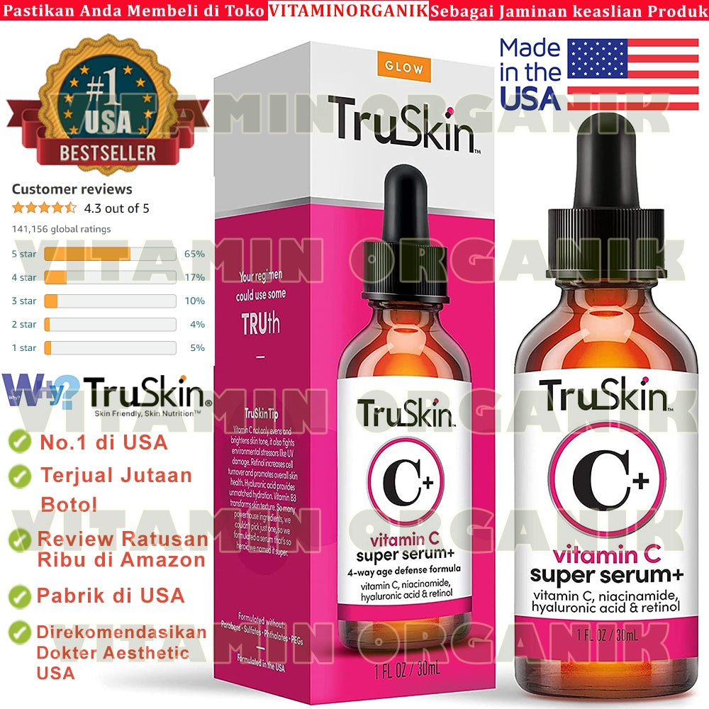 TruSkin SUPER SERUM Vitamin C + Hyaluronic & Salicylic Acid + Niacinamide + Retinol + Anti Aging & Kerutan Wajah Original USA
