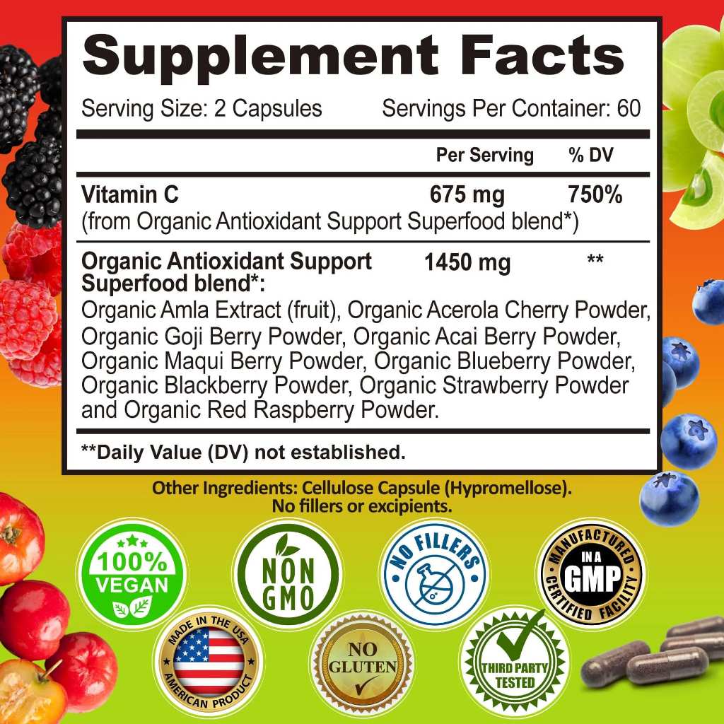 Vitamin C Complex + 1450 mg Pure Berries Organic Whole Food  - 120 Kapsul Original Suplement Studio USA
