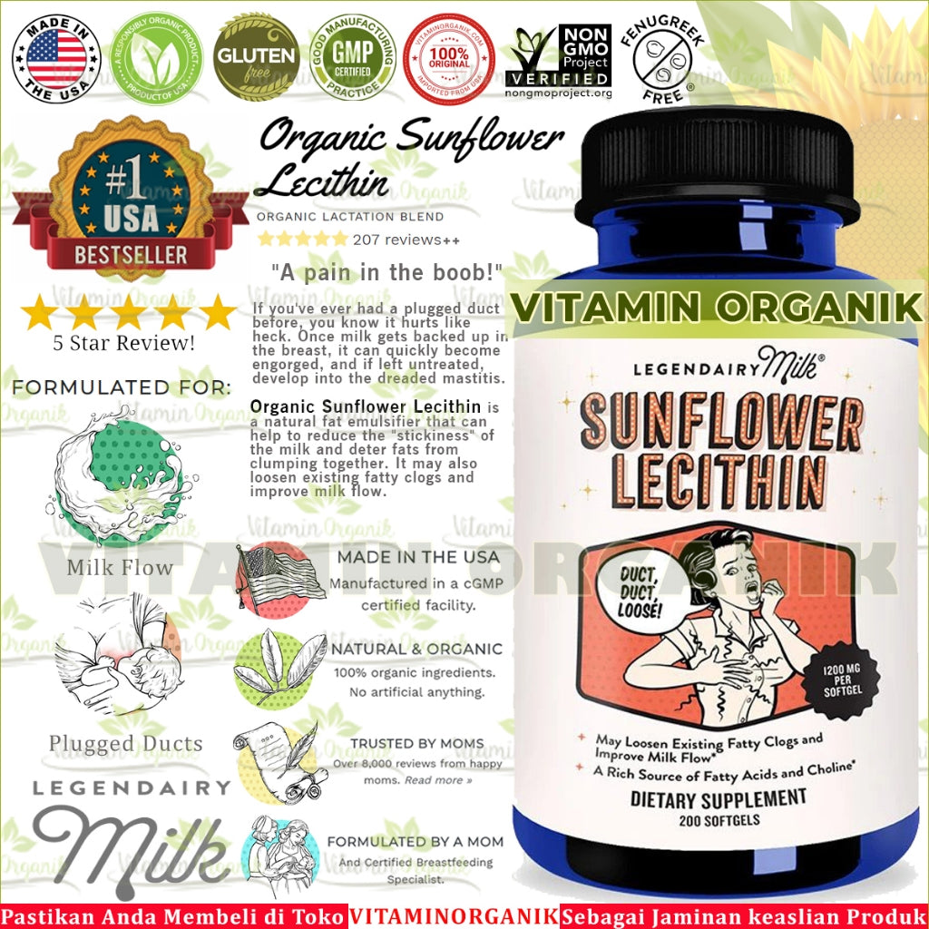 Sunflower Lecithin Organik 1200mg LEGENDAIRY MILK Repack 50 Kapsul / Botol Segel 200 Kapsul original USA