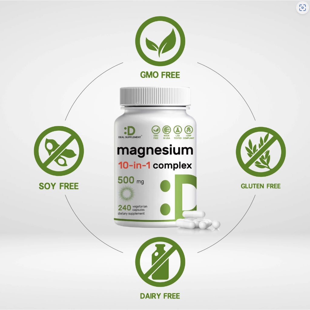 Magnesium Complex 10 in 1 Supplement 500mg, 240 Veggie Capsules Original USA