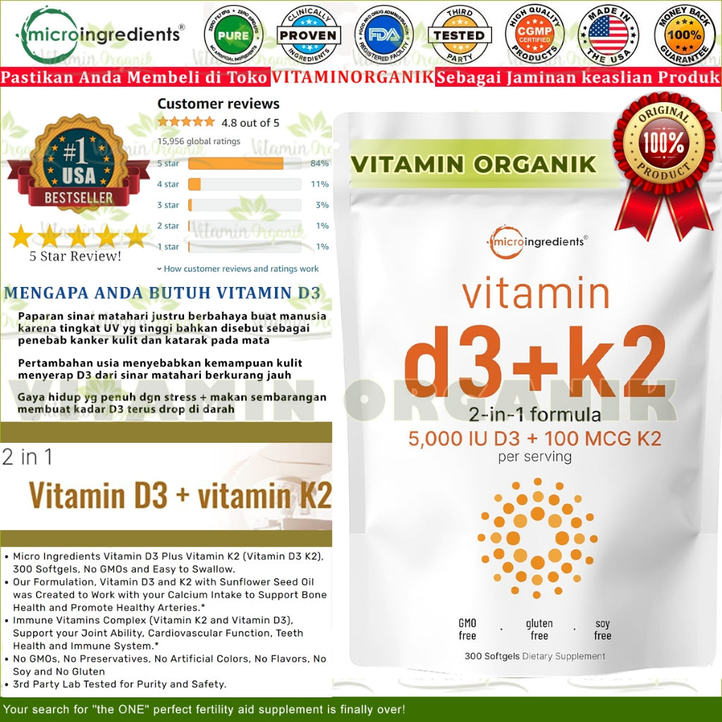 D3K2 5000IU Vitamin D3 5000 IU + K2 100 mcg Micro Ingredients 300 Softgels 100% ORIGINAL USA Box SEGEL