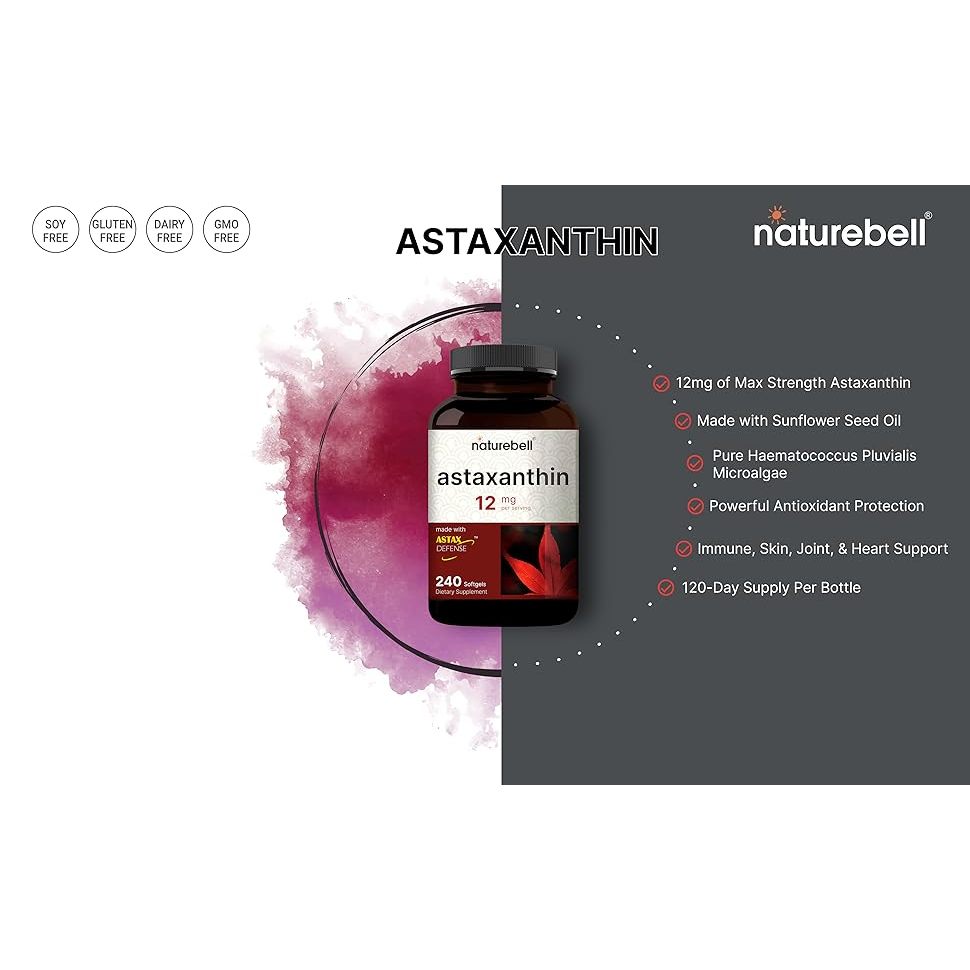 NatureBell Astaxanthin 12mg 240 Softgels Original USA + Astax (Max Strength from MicroAlgae)