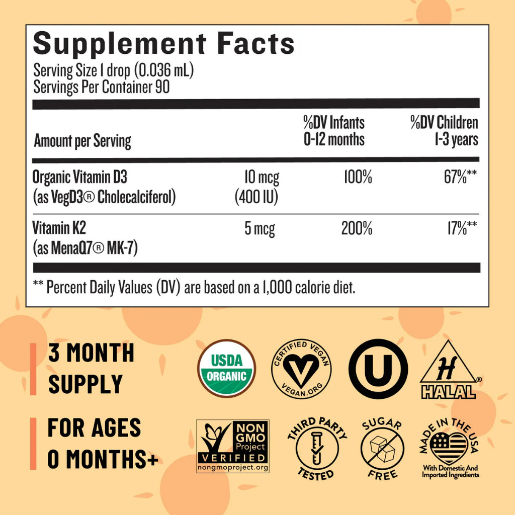 Legendairy MILK D3K2 Baby / Bayi / Anak HALAL Vitamin D3 400IU + K2 5 mcg 3.24 ml / 0.10 fl oz ORIGINAL USA