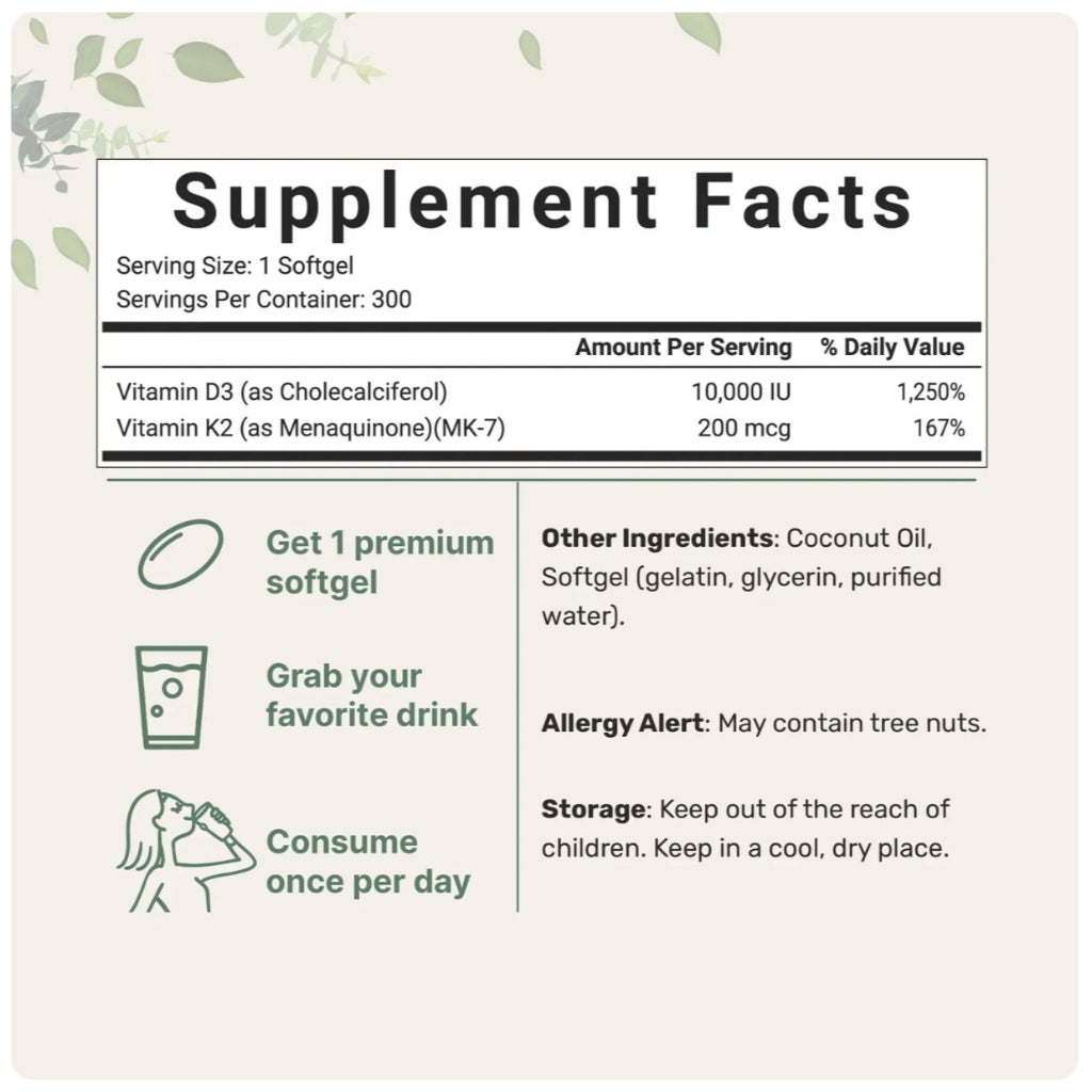 D3K2 Vitamin D3 10000 IU + K2 200 mcg + Coconut Oil Micro Ingredients 300 Softgels 1000% ORIGINAL USA Box SEGEL