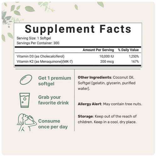 D3K2 Vitamin D3 10000 IU + K2 200 mcg + Coconut Oil Micro Ingredients 300 Softgels 1000% ORIGINAL USA Box SEGEL