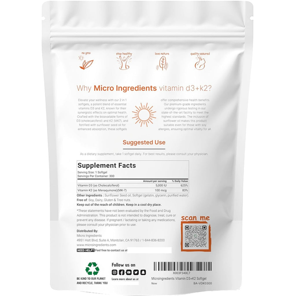 D3K2 5000IU Vitamin D3 5000 IU + K2 100 mcg Micro Ingredients 300 Softgels 100% ORIGINAL USA Box SEGEL