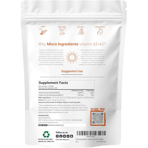 D3K2 5000IU Vitamin D3 5000 IU + K2 100 mcg Micro Ingredients 300 Softgels 100% ORIGINAL USA Box SEGEL