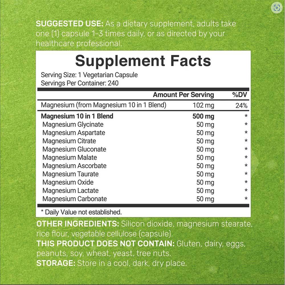 Magnesium Complex 10 in 1 Supplement 500mg, 240 Veggie Capsules Original USA