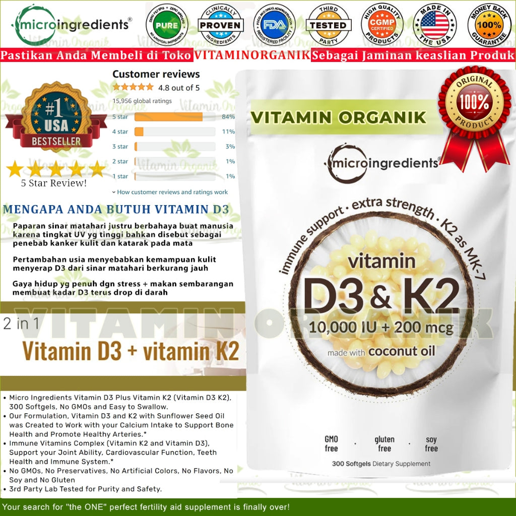 D3K2 Vitamin D3 10000 IU + K2 200 mcg + Coconut Oil Micro Ingredients 300 Softgels 1000% ORIGINAL USA Box SEGEL