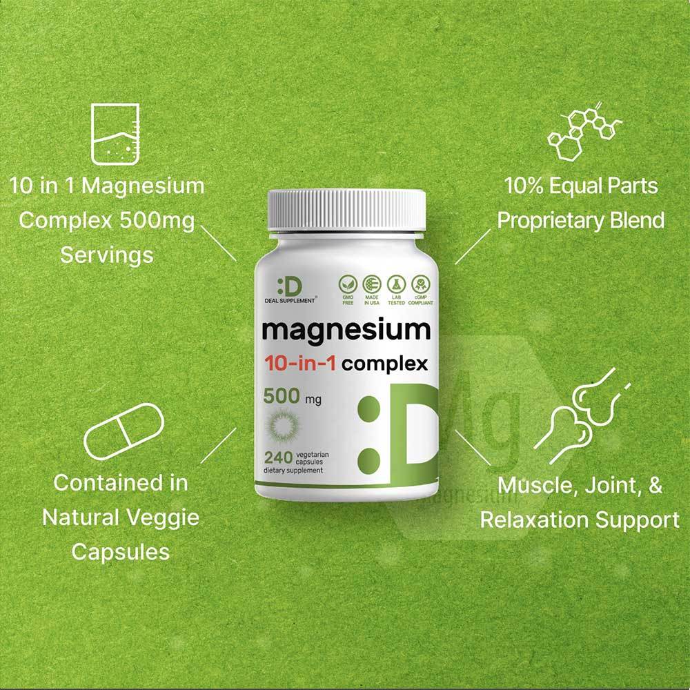 Magnesium Complex 10 in 1 Supplement 500mg, 240 Veggie Capsules Original USA