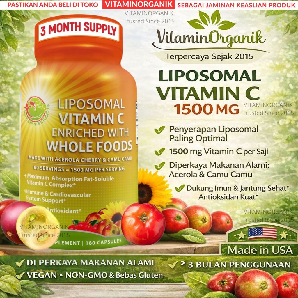 Liposomal Vitamin C 1500mg High Potency + ORGANIC Acerola Cherries & Camu Camu WholeFoods Supplements Studio USA