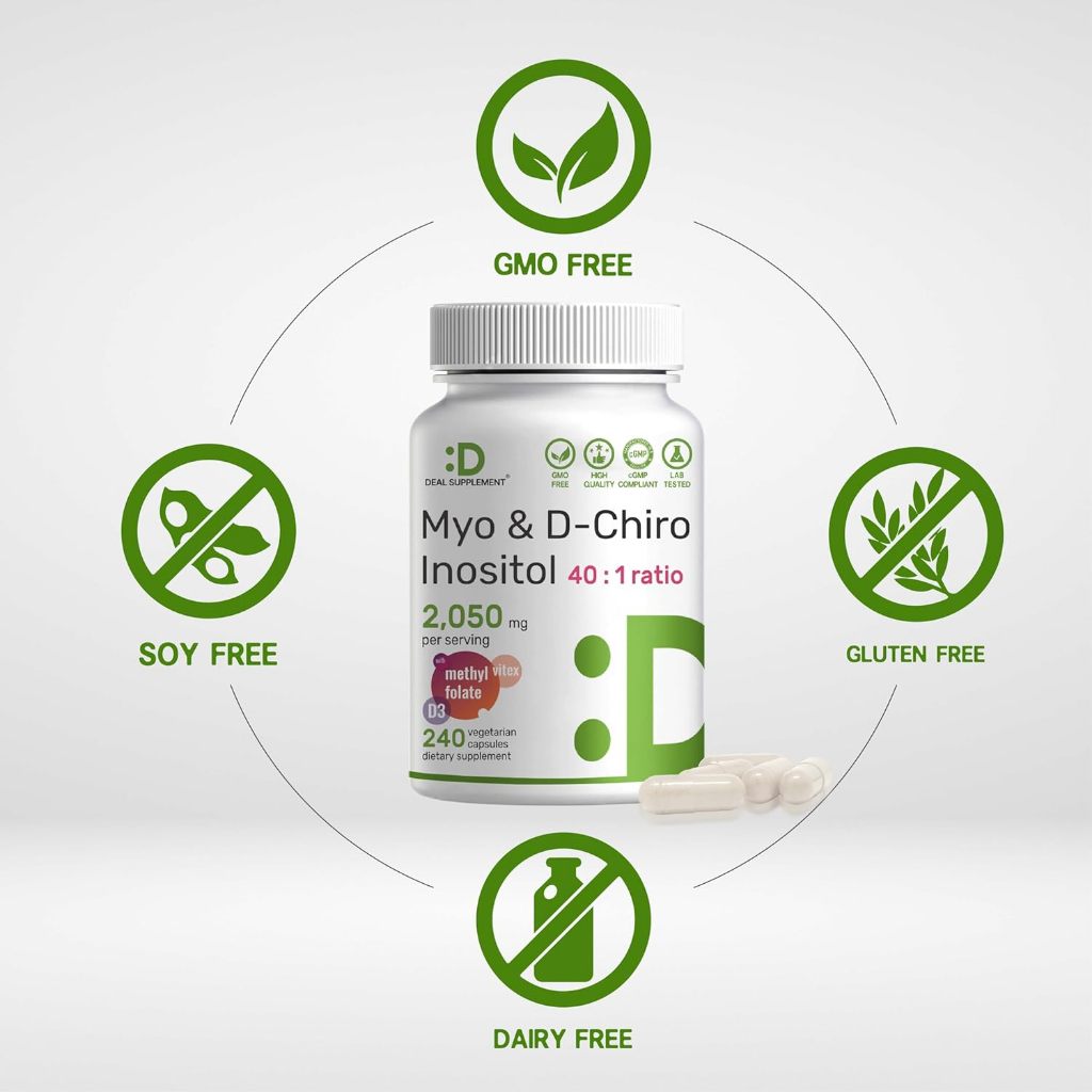 Myo-Inositol & D-Chiro Inositol DEAL Supplement for Women 240 Capsules + Folate + Vitamin D3 & Vitex ORIGINAL USA