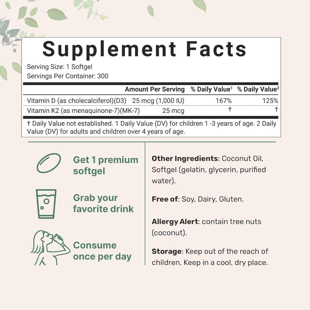 D3K2 1000IU + VIRGIN COCONUT OIL - Vitamin D3 1000 IU + K2 25 mcg Micro Ingredients  300 Softgels 100% ORIGINAL USA Box SEGEL