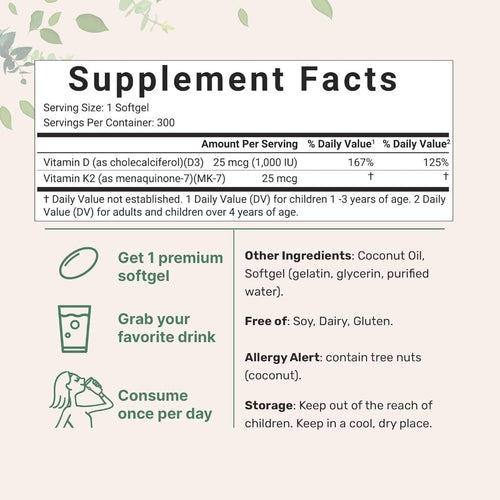 D3K2 1000IU + VIRGIN COCONUT OIL - Vitamin D3 1000 IU + K2 25 mcg Micro Ingredients  300 Softgels 100% ORIGINAL USA Box SEGEL