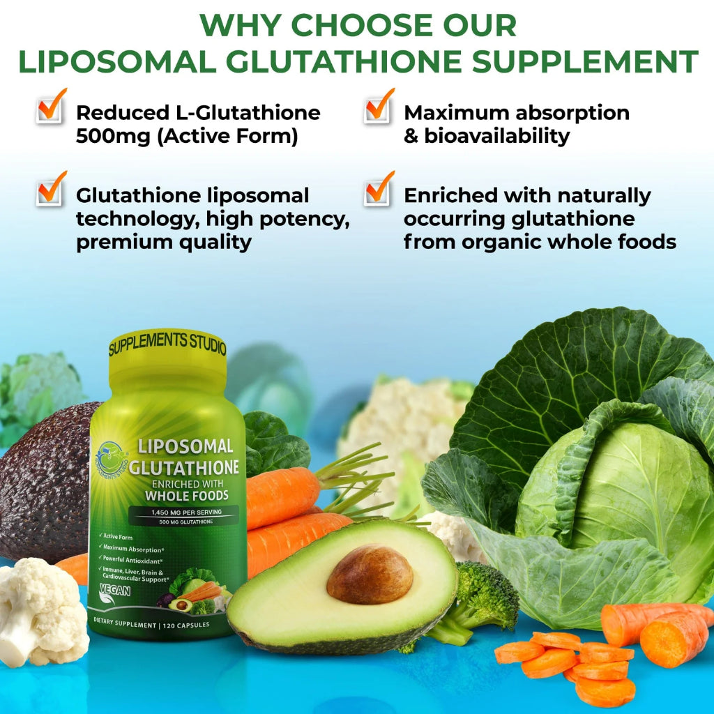 Liposomal GLUTATHIONE (L- Glutathione / REDUCED) 500Mg + WholeFoods 120 Cap Supplement Studio Original USA