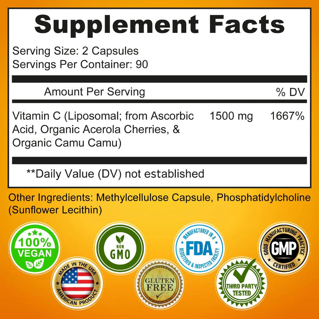 Liposomal Vitamin C 1500mg High Potency + ORGANIC Acerola Cherries & Camu Camu WholeFoods Supplements Studio USA