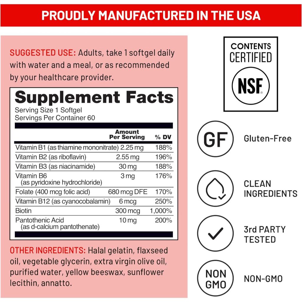 NatureWise Vitamin B Complex B1 B2 B3 B6 B12 for Women and Men + with Folic Acid + Biotin 60 Sofgels Original USA
