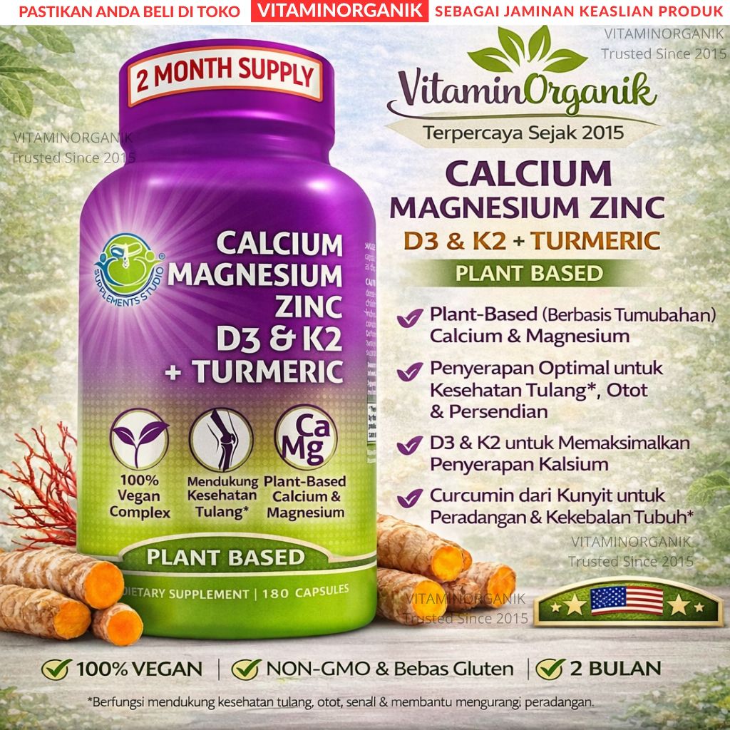 Calcium (Kalsium) PLANT BASED  + Magnesium + Zinc + D3 K2 + Turmeric 90 / 180 Capsules – Vitamin Support Tulang, Sendi, Otot | Supplement Studio USA ORIGINAL