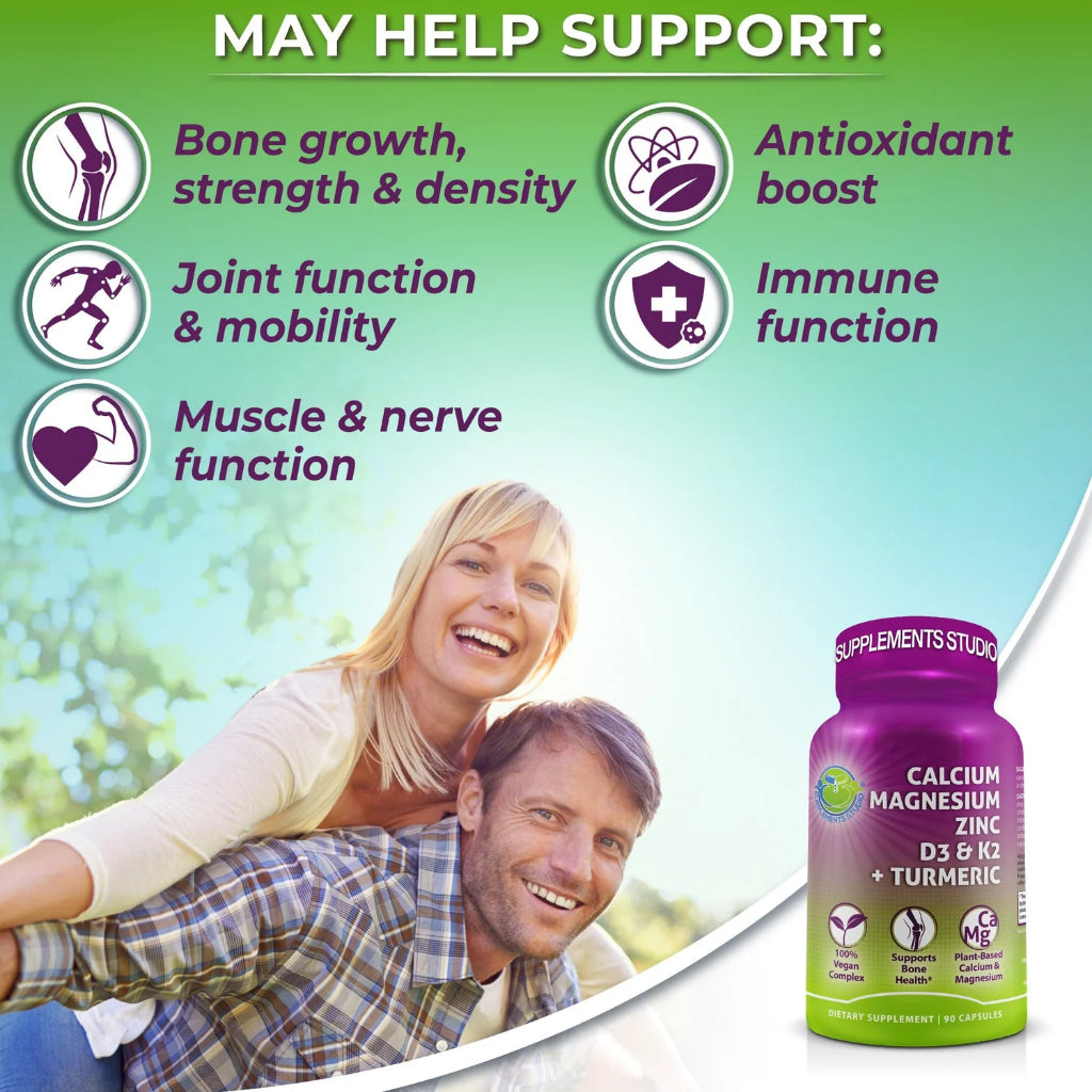 Calcium (Kalsium) PLANT BASED  + Magnesium + Zinc + D3 K2 + Turmeric 90 / 180 Capsules – Vitamin Support Tulang, Sendi, Otot | Supplement Studio USA ORIGINAL