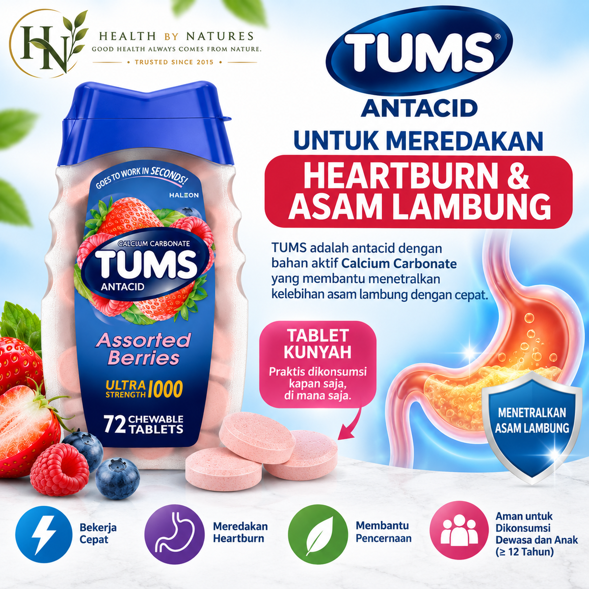 TUMS Antacid Ultra Strength 1000 72 Tablet Kunyah | untuk Heartburn & Asam Lambung