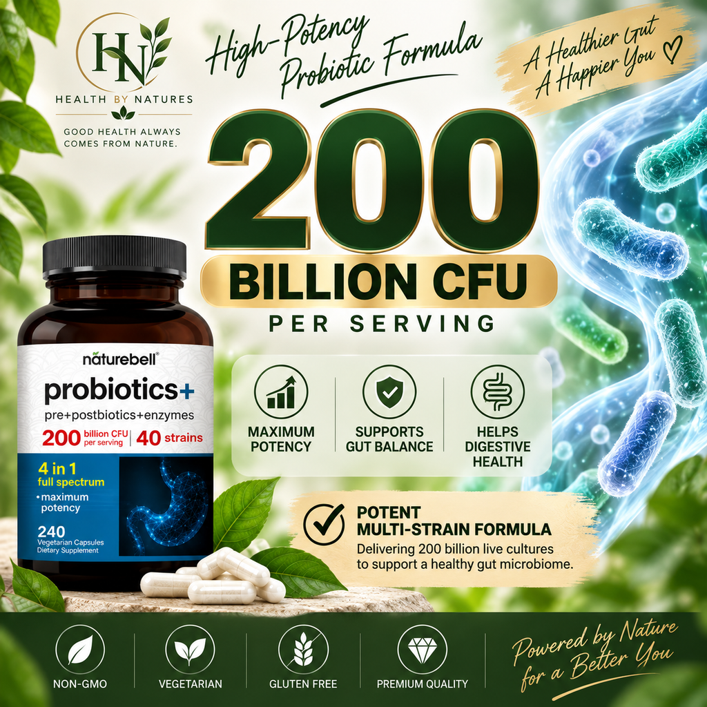 NatureBell Probiotics+ 200 Billion CFU 40 Strains | 240 Vegetarian Capsules | 4-in-1 Probiotic + Prebiotic + Postbiotic + Enzymes