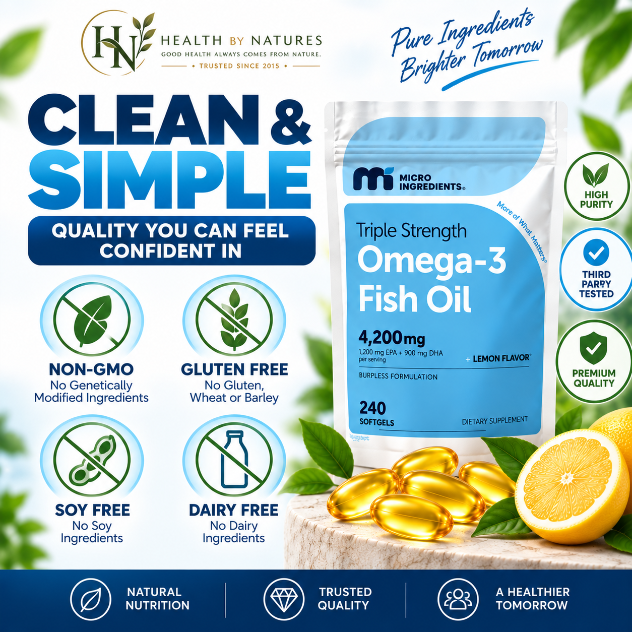 Micro Ingredients Omega-3 Fish Oil Triple Strength 4.200mg | EPA 1.200mg + DHA 900mg | 240 Softgels Lemon Flavored